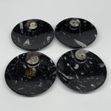 800g, 4pcs, 4.4" Small Black Fossils Ammonite Orthoceras Bowl Round Ring,B8837