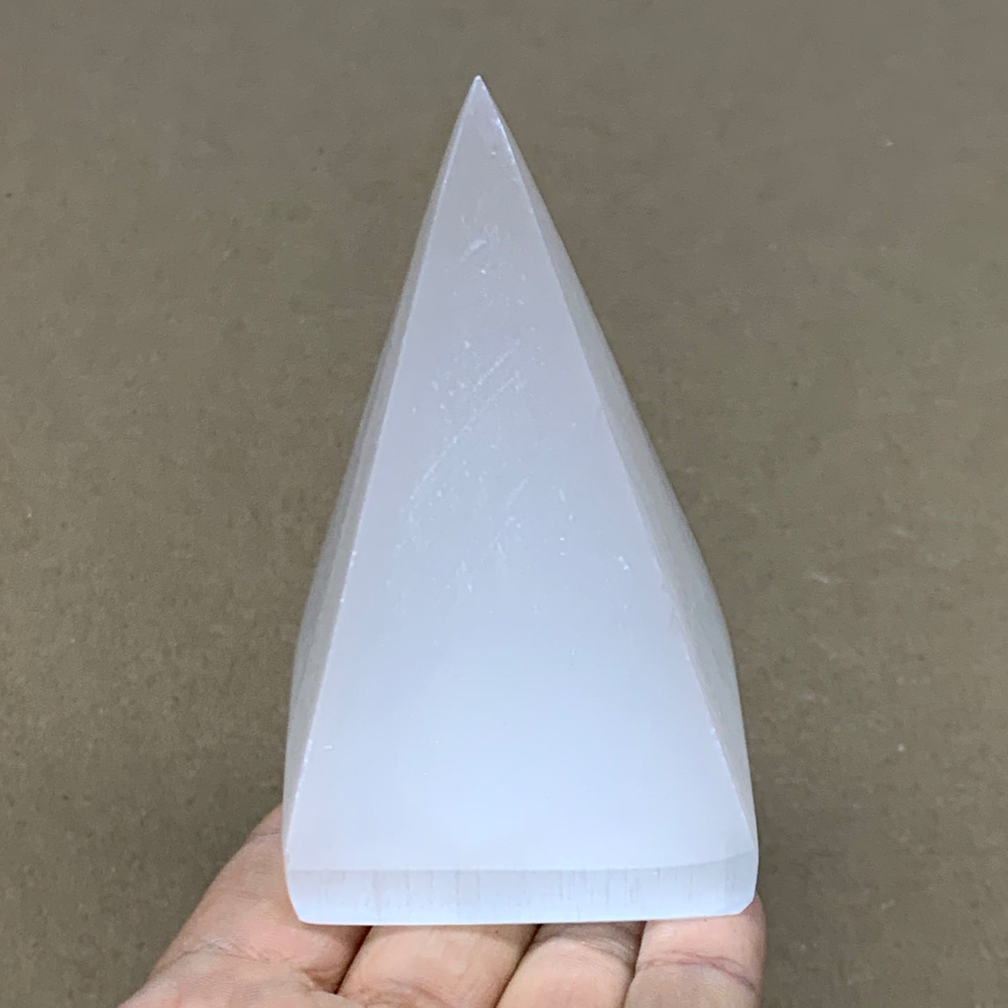 263g, 3.8"x2.2" White Selenite/Satin Spar Pyramid Crystal @Morocco, B24176