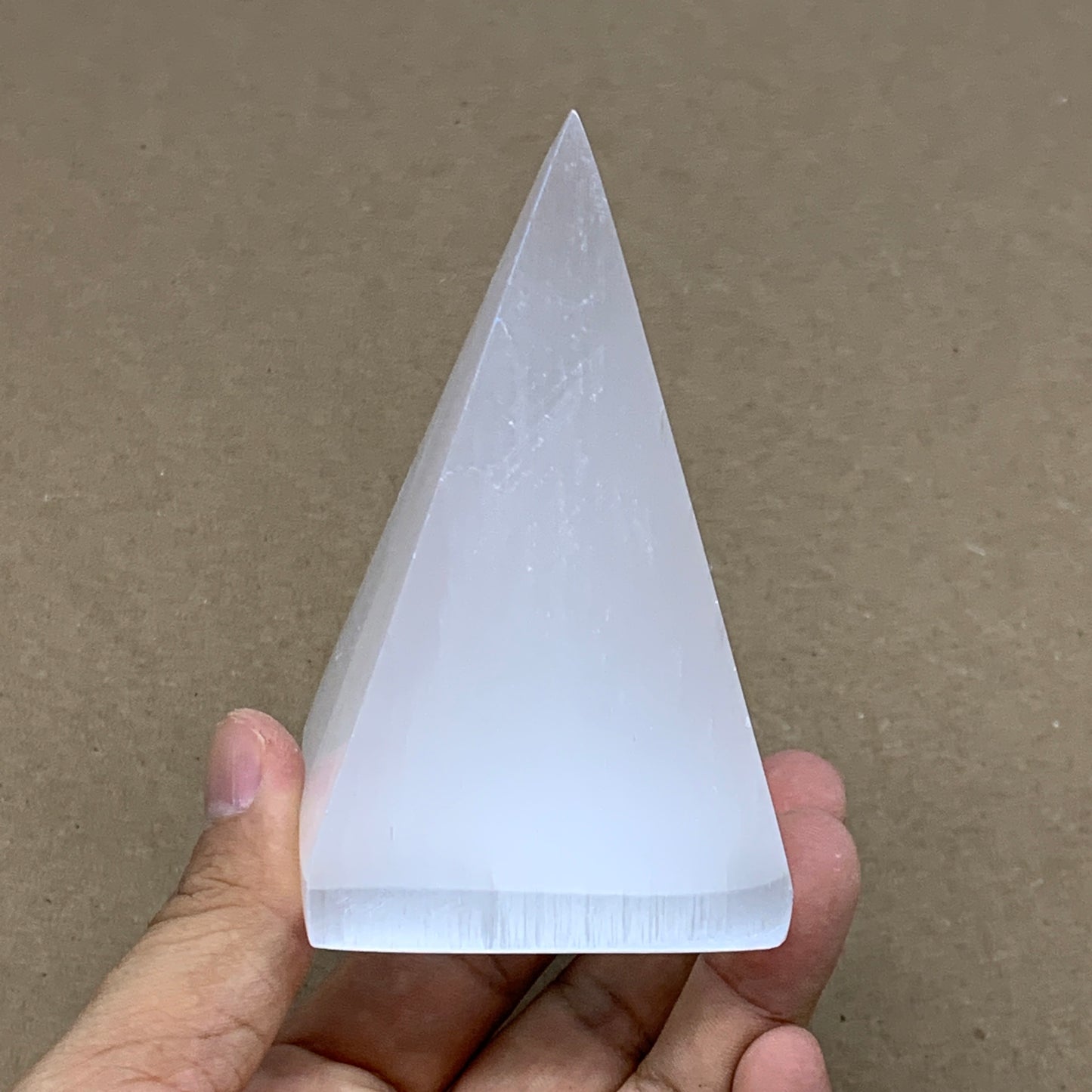 263g, 3.8"x2.2" White Selenite/Satin Spar Pyramid Crystal @Morocco, B24176