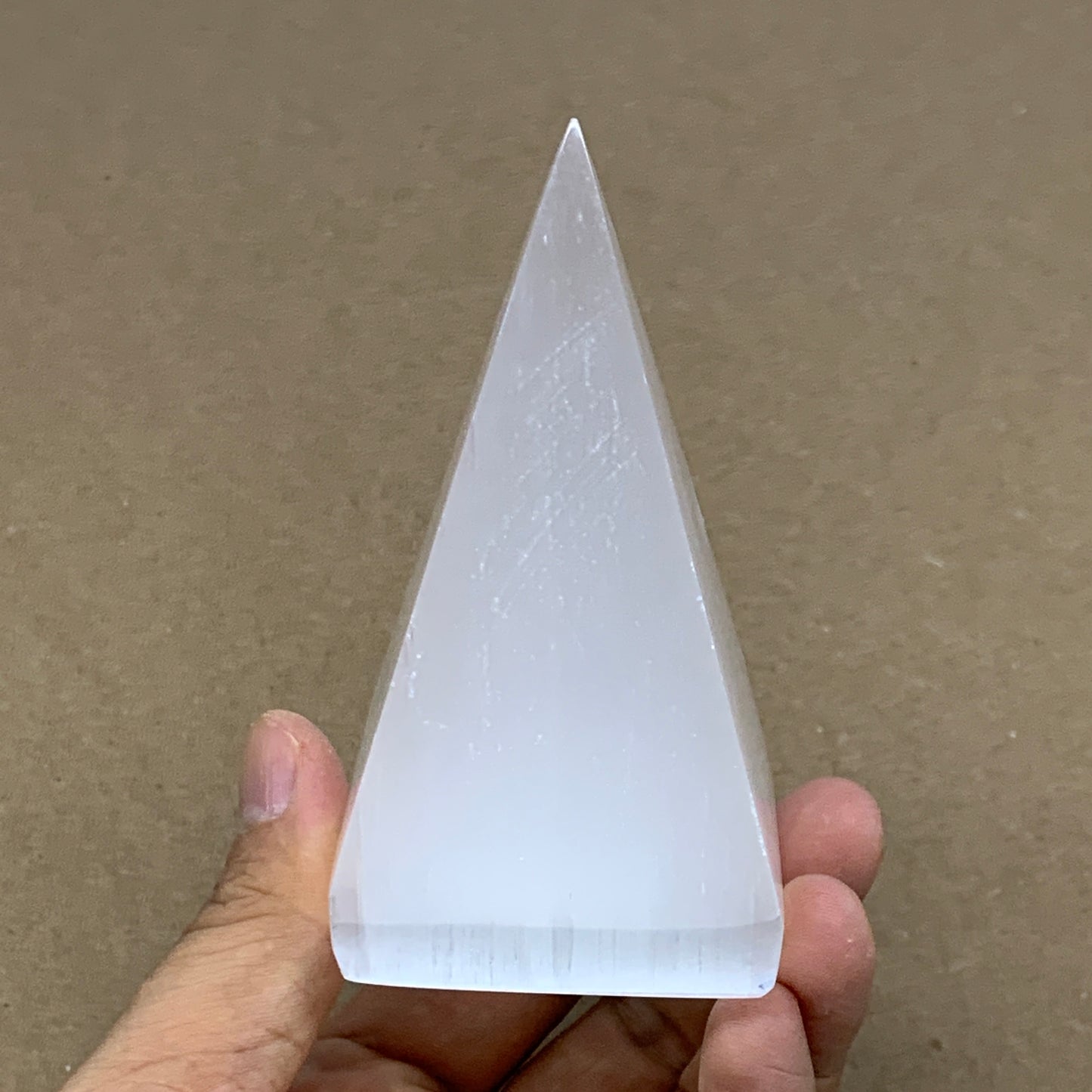 263g, 3.8"x2.2" White Selenite/Satin Spar Pyramid Crystal @Morocco, B24176