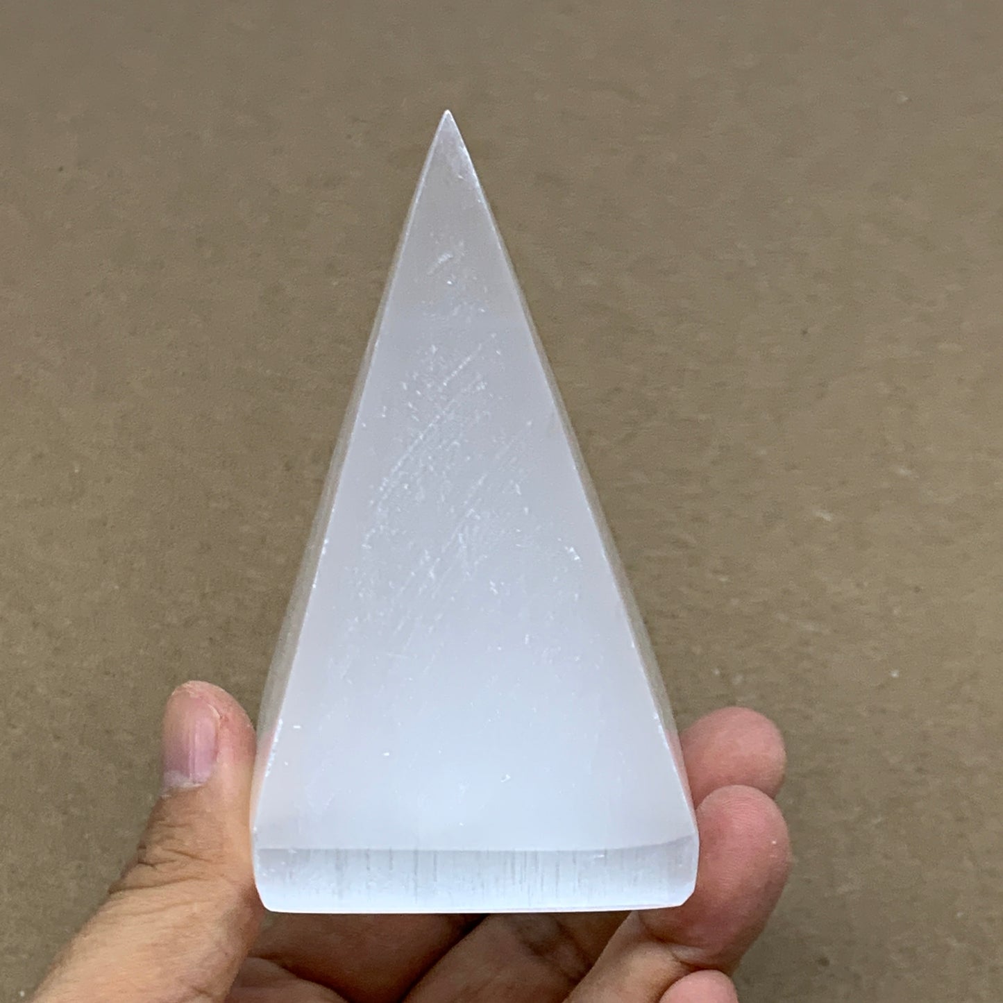 263g, 3.8"x2.2" White Selenite/Satin Spar Pyramid Crystal @Morocco, B24176