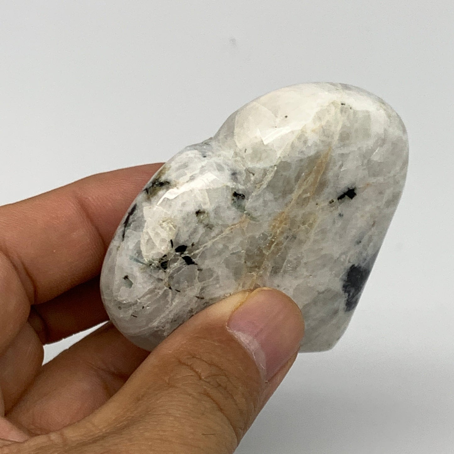 101.3g, 2.4"x2.5"x0.8", Rainbow Moonstone Heart Crystal Gemstone @India, B21721