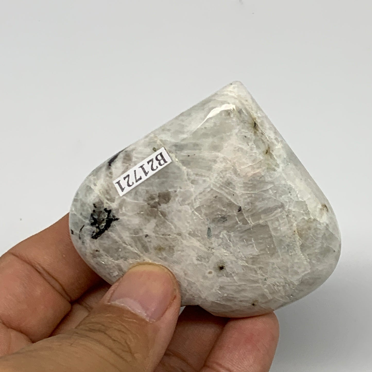 101.3g, 2.4"x2.5"x0.8", Rainbow Moonstone Heart Crystal Gemstone @India, B21721