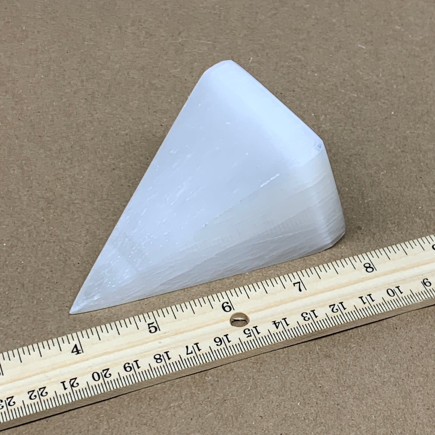 263g, 3.8"x2.2" White Selenite/Satin Spar Pyramid Crystal @Morocco, B24176