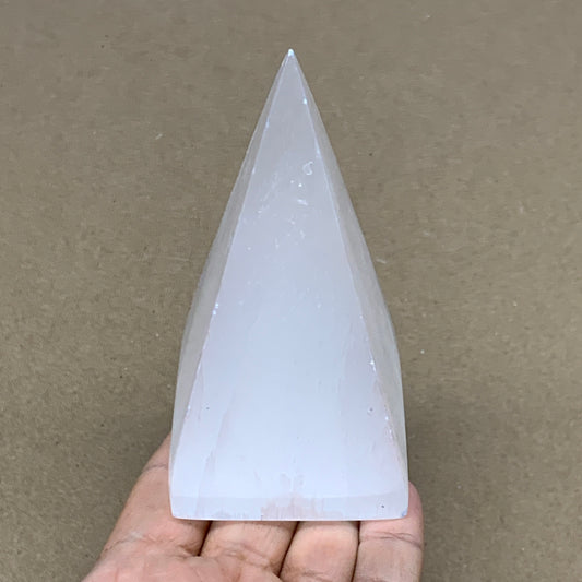 289g, 4.1"x2.2" White Selenite/Satin Spar Pyramid Crystal @Morocco, B24178