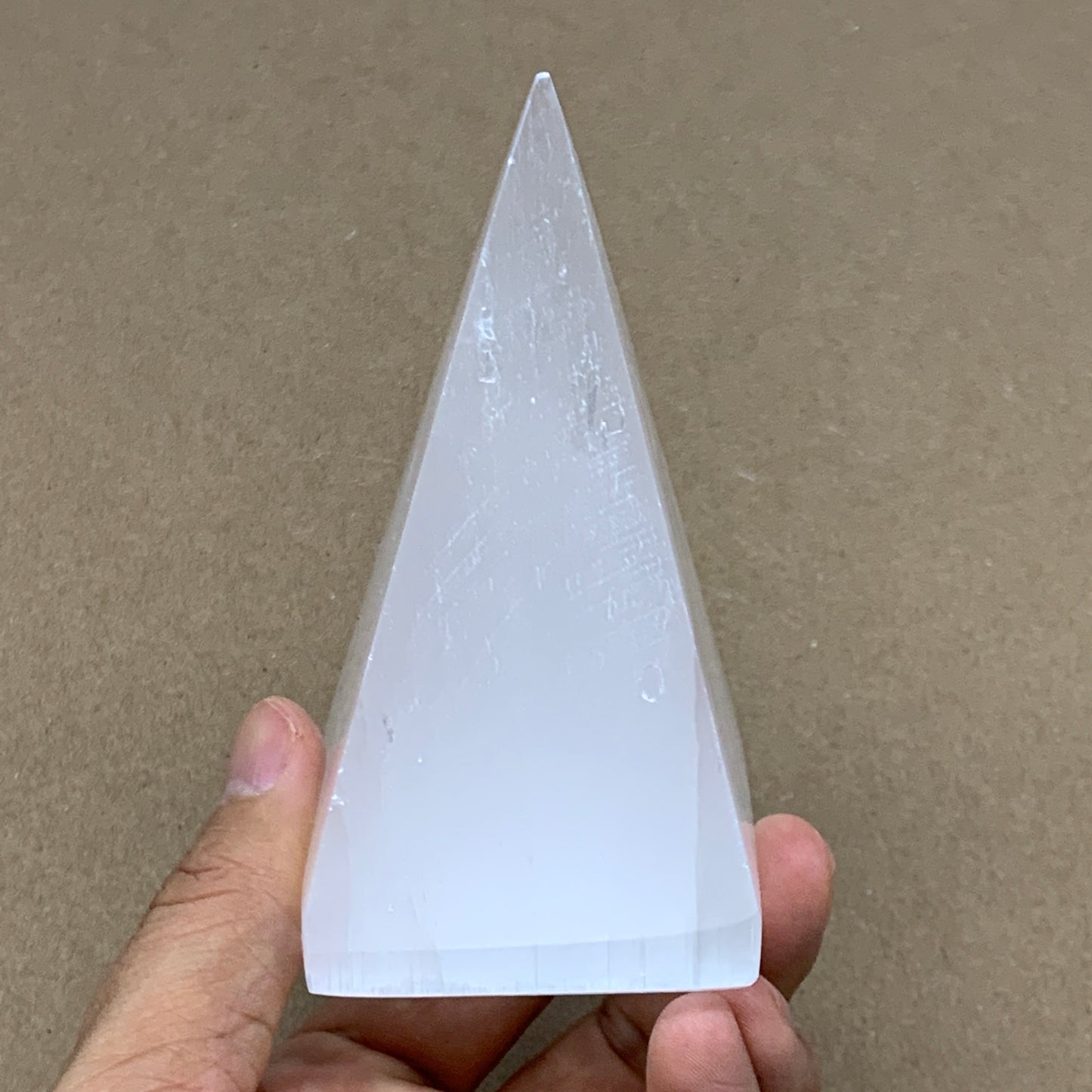 289g, 4.1"x2.2" White Selenite/Satin Spar Pyramid Crystal @Morocco, B24178