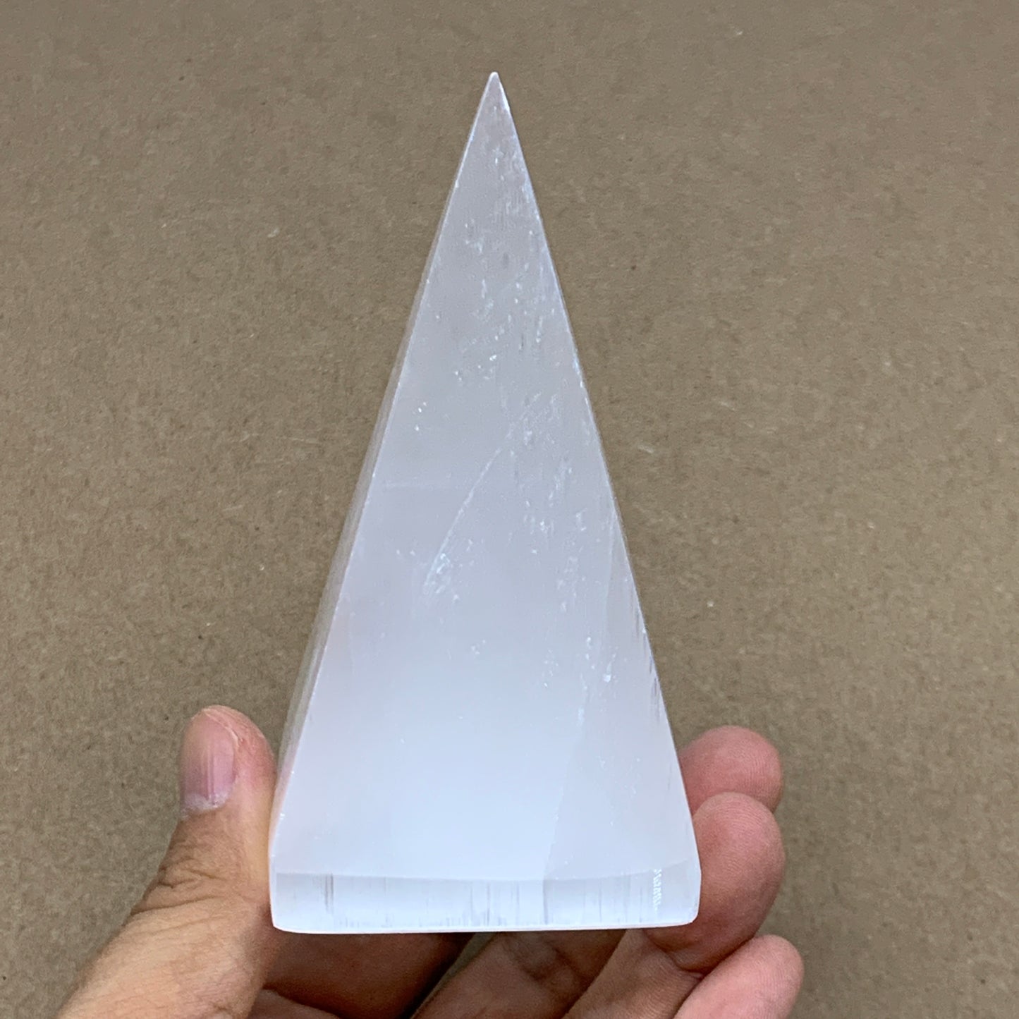 289g, 4.1"x2.2" White Selenite/Satin Spar Pyramid Crystal @Morocco, B24178