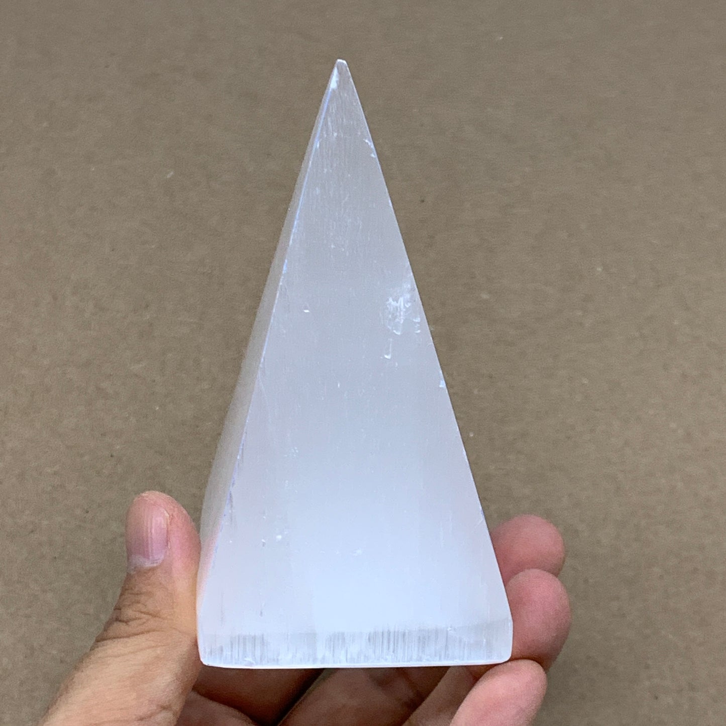 289g, 4.1"x2.2" White Selenite/Satin Spar Pyramid Crystal @Morocco, B24178
