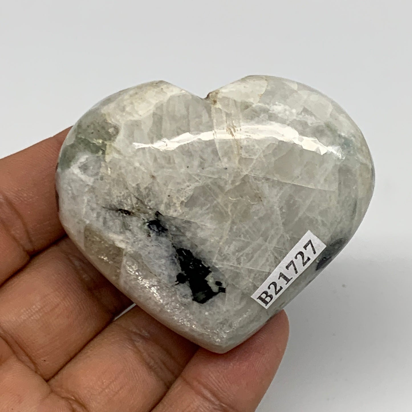 93.1g, 2"x2.3"x1", Rainbow Moonstone Heart Crystal Gemstone @India, B21727