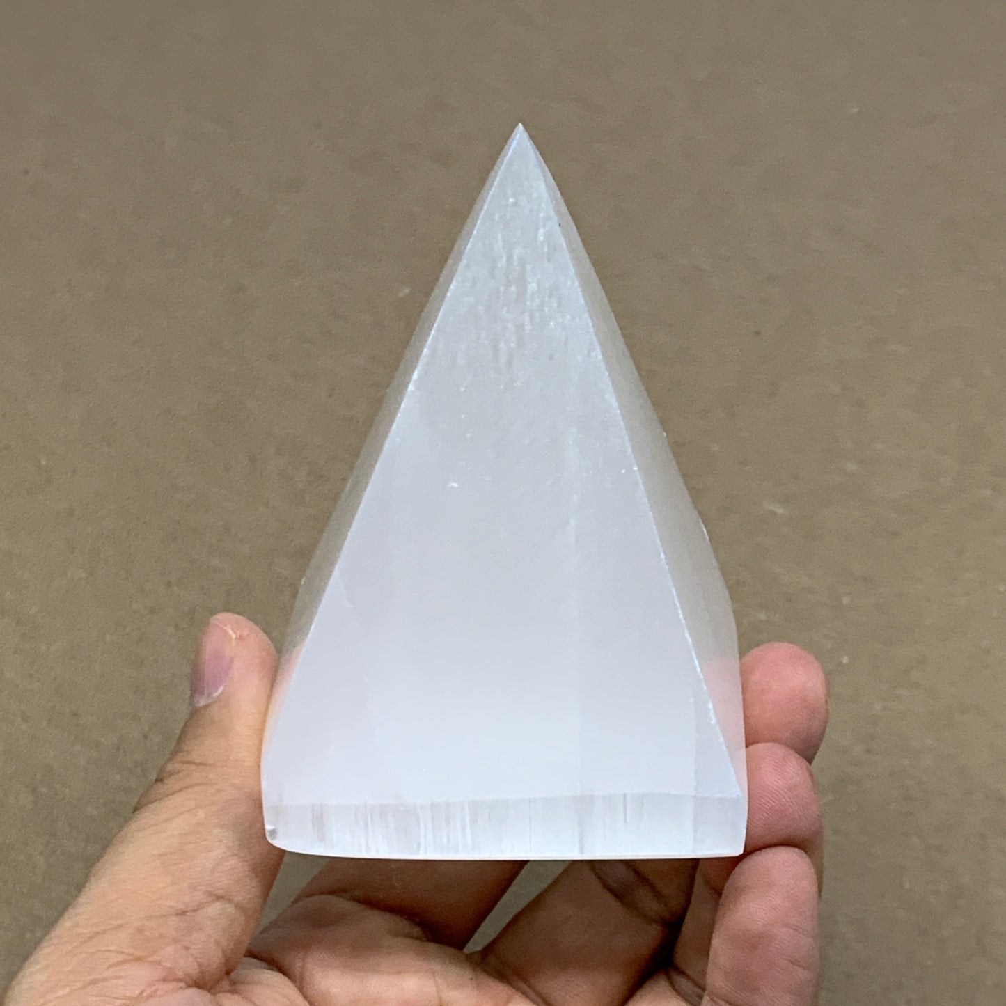 287.7g, 3.3"x2.4" White Selenite/Satin Spar Pyramid Crystal @Morocco, B24183