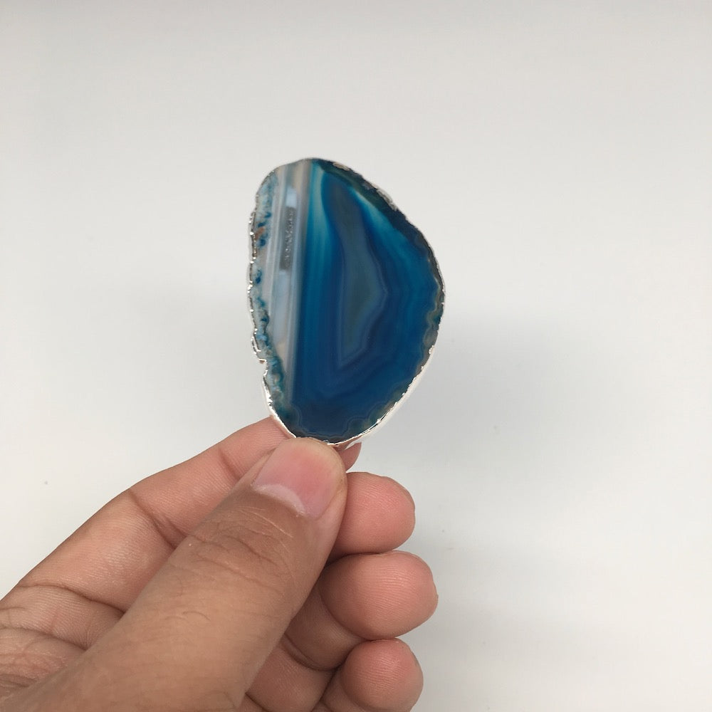 85cts, 2.9"x1.5" Blue Agate Druzy Geode Pendant Silver Plated @Brazil, Bp1284 - watangem.com