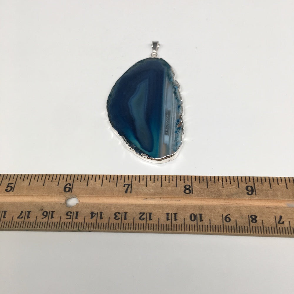 85cts, 2.9"x1.5" Blue Agate Druzy Geode Pendant Silver Plated @Brazil, Bp1284 - watangem.com