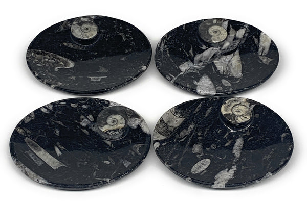710g, 4pcs, 4.7"x3.8" Small Black Fossils Ammonite Orthoceras Bowl Oval Ring,B88