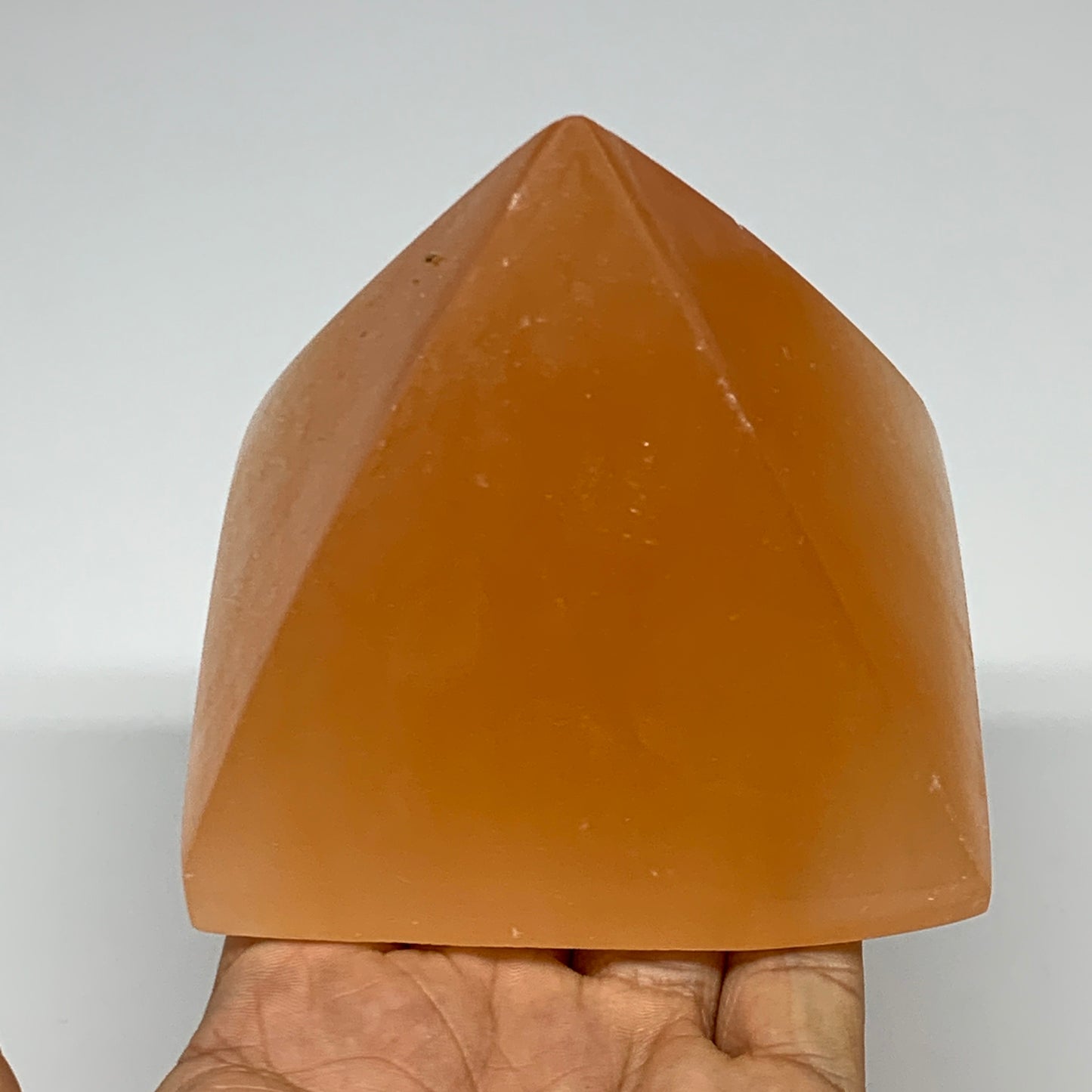 653g, 3.3"x3.7" Orange Selenite/Satin Spar Pyramid Crystal @Morocco, B24191