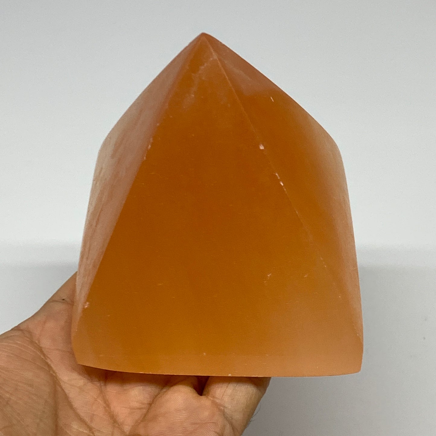 653g, 3.3"x3.7" Orange Selenite/Satin Spar Pyramid Crystal @Morocco, B24191