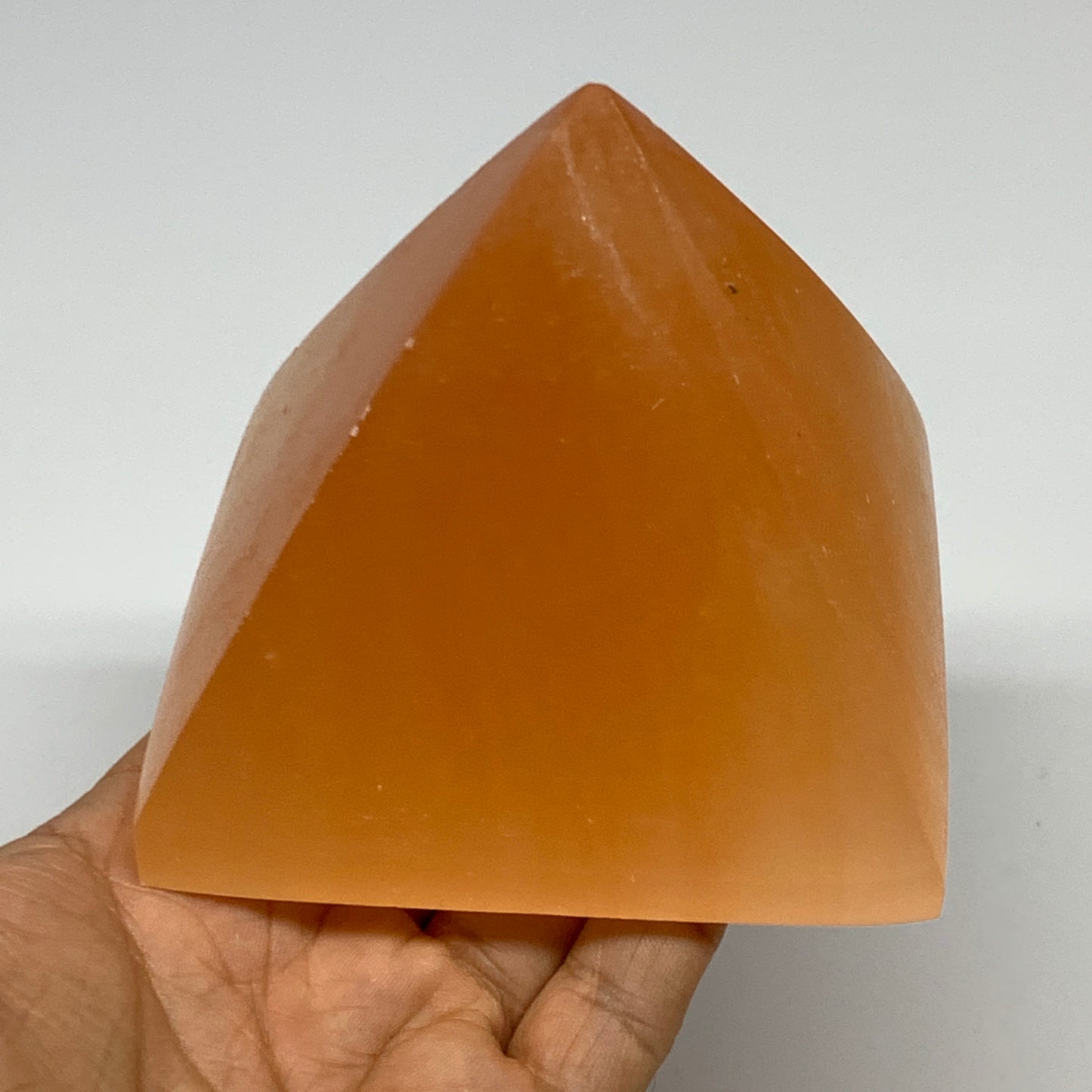 653g, 3.3"x3.7" Orange Selenite/Satin Spar Pyramid Crystal @Morocco, B24191