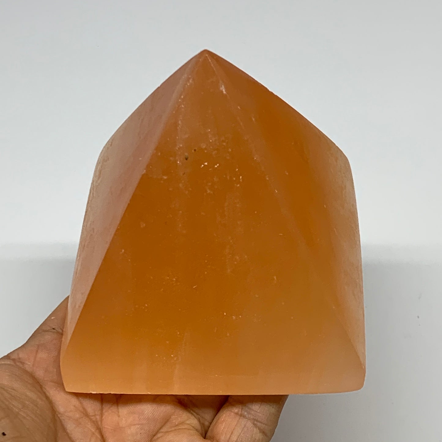 653g, 3.3"x3.7" Orange Selenite/Satin Spar Pyramid Crystal @Morocco, B24191