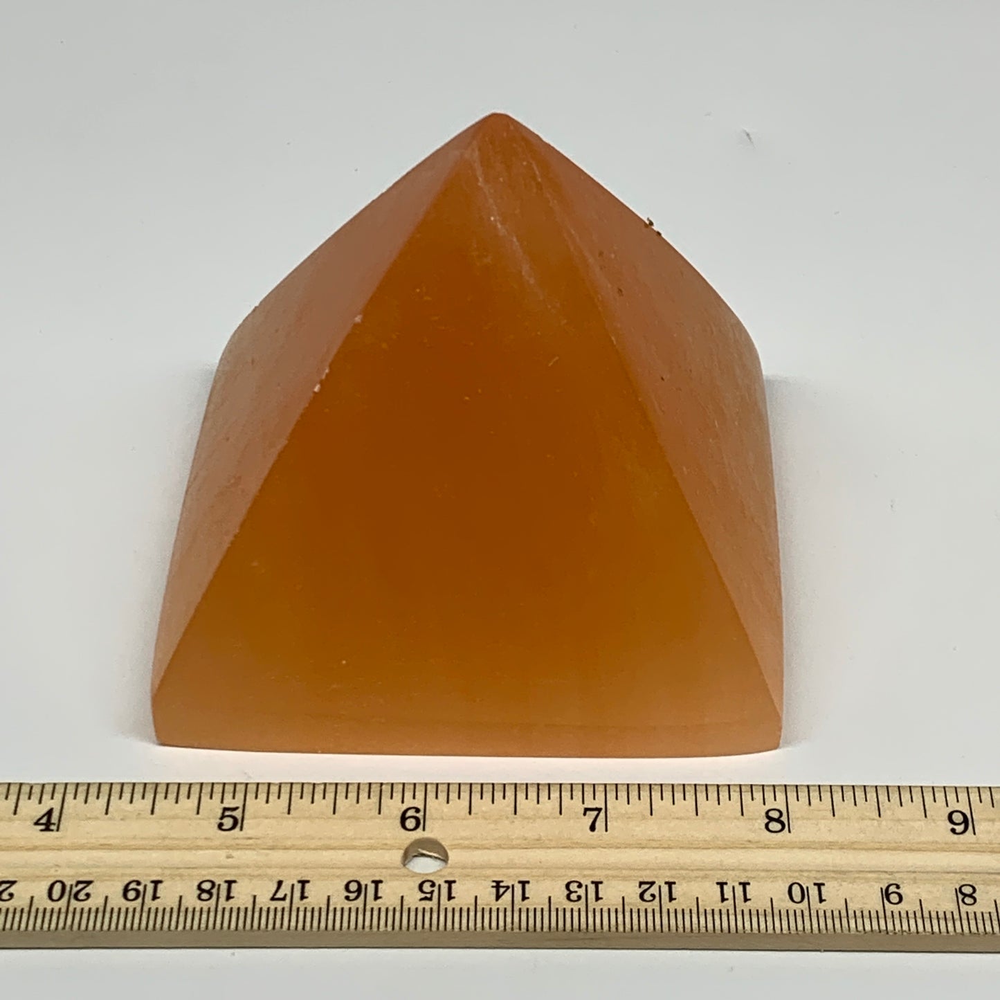 653g, 3.3"x3.7" Orange Selenite/Satin Spar Pyramid Crystal @Morocco, B24191