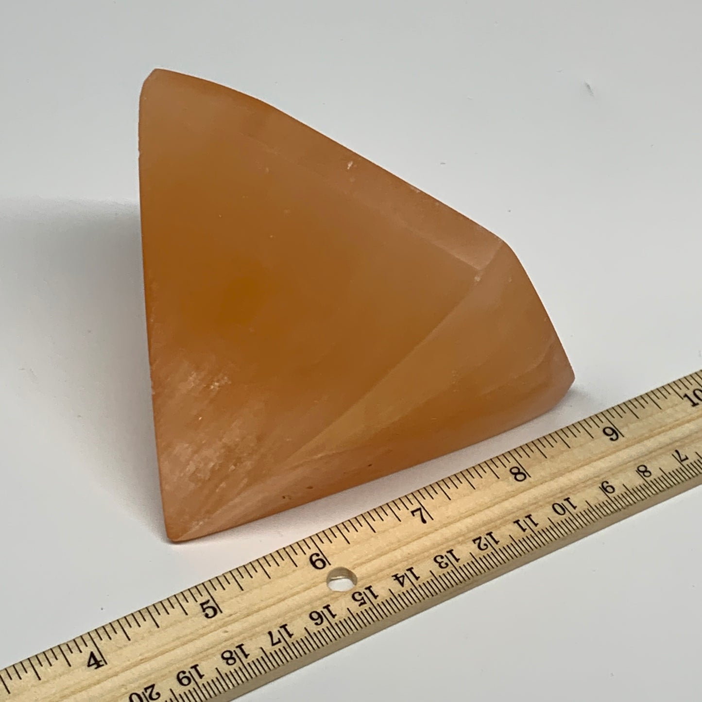 653g, 3.3"x3.7" Orange Selenite/Satin Spar Pyramid Crystal @Morocco, B24191