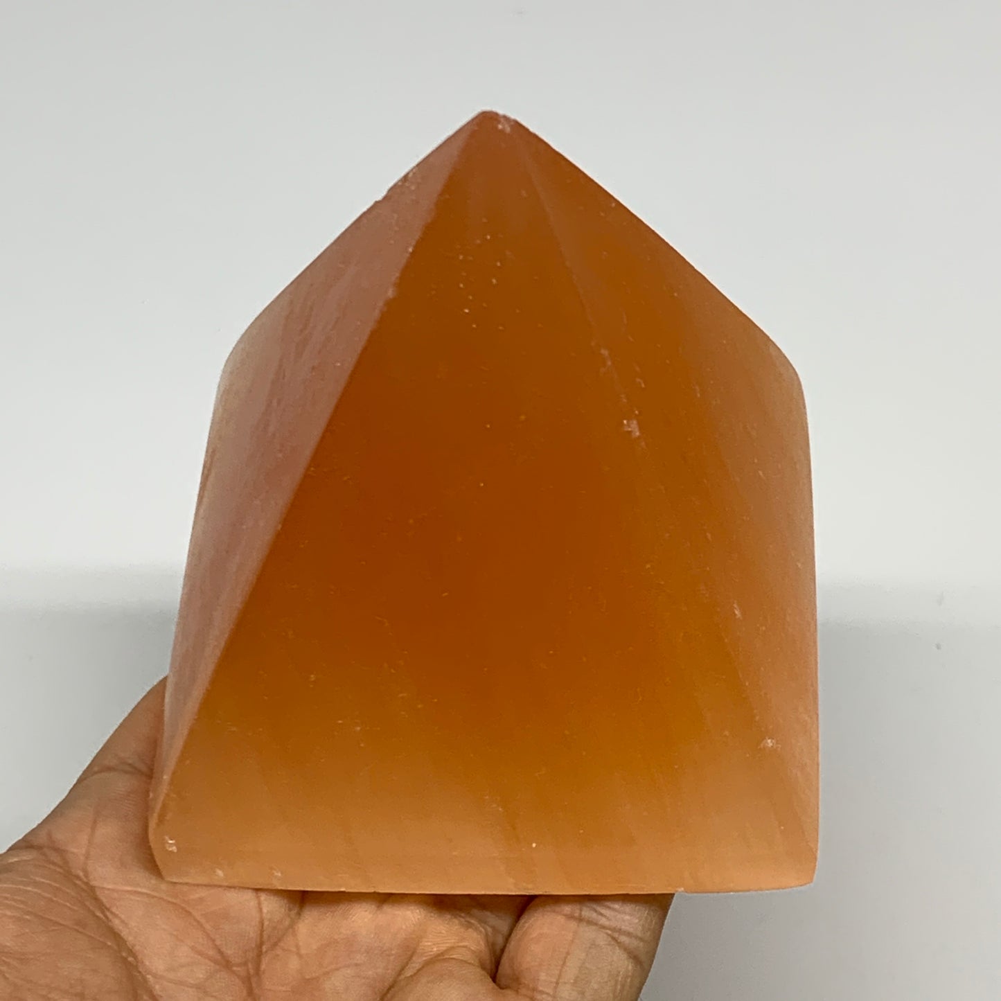 548g, 3.5"x3.2" Orange Selenite/Satin Spar Pyramid Crystal @Morocco, B24193
