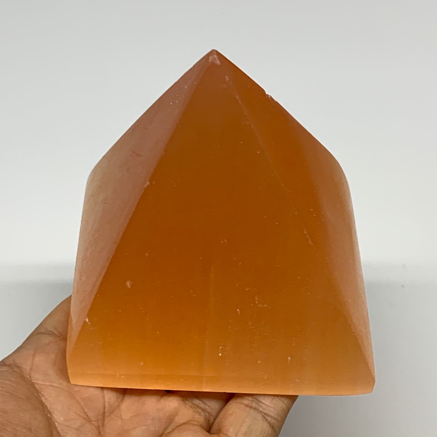 548g, 3.5"x3.2" Orange Selenite/Satin Spar Pyramid Crystal @Morocco, B24193