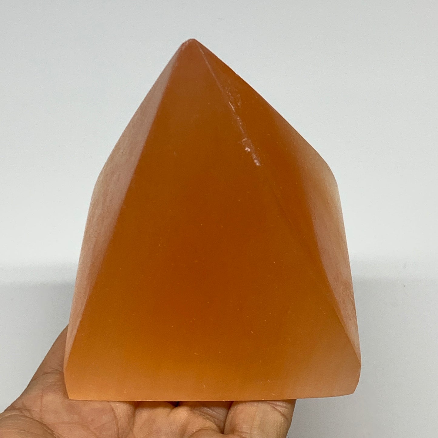 548g, 3.5"x3.2" Orange Selenite/Satin Spar Pyramid Crystal @Morocco, B24193