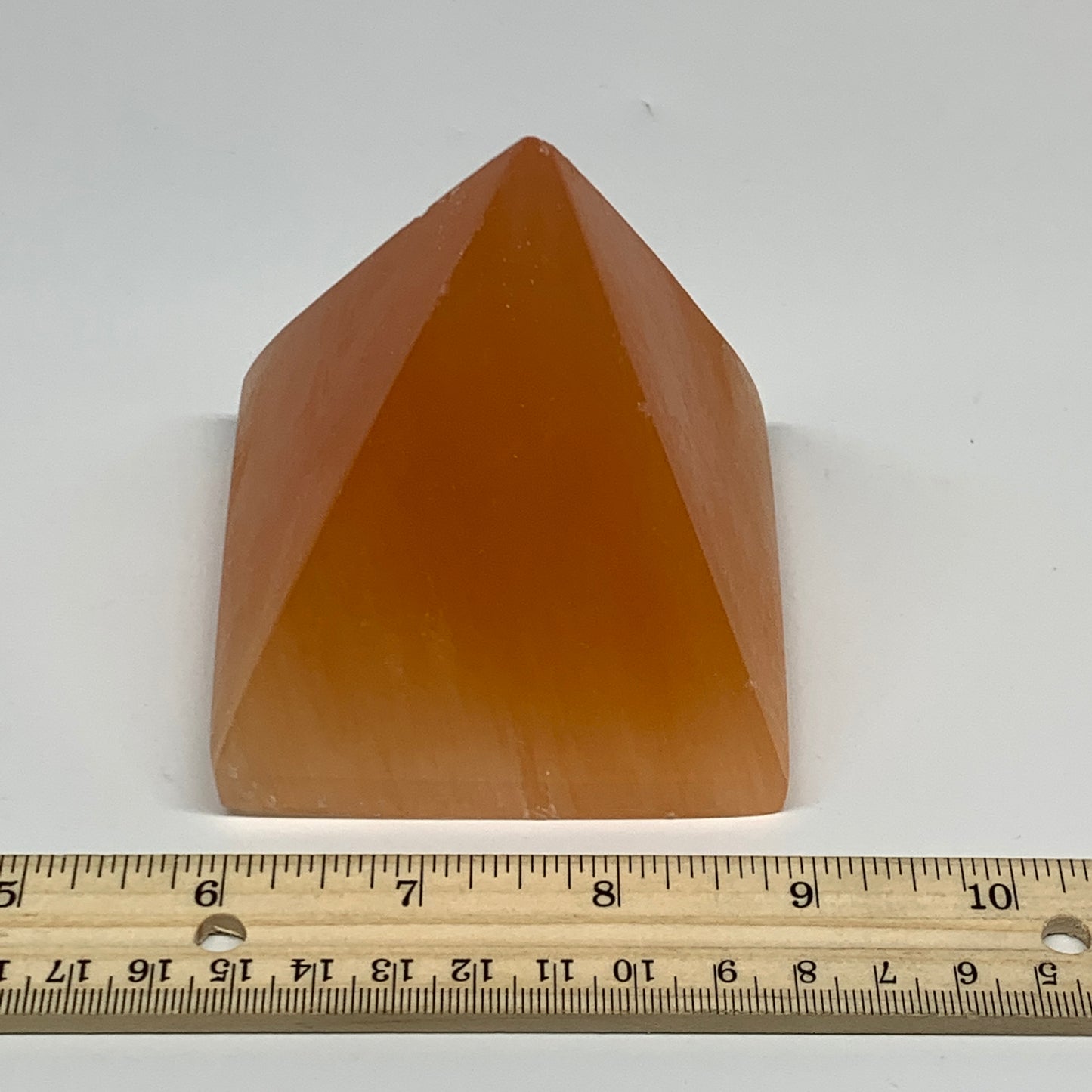 548g, 3.5"x3.2" Orange Selenite/Satin Spar Pyramid Crystal @Morocco, B24193