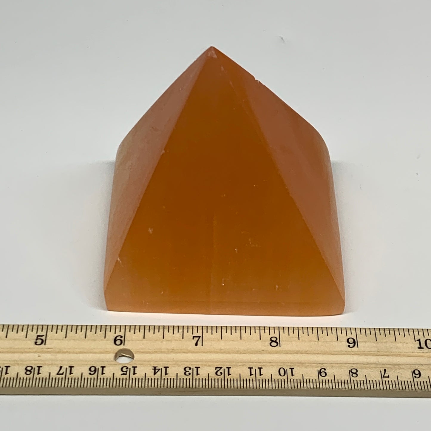 548g, 3.5"x3.2" Orange Selenite/Satin Spar Pyramid Crystal @Morocco, B24193