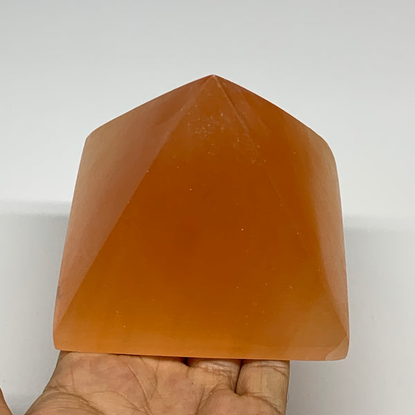 678g, 3.1"x3.8" Orange Selenite/Satin Spar Pyramid Crystal @Morocco, B24194
