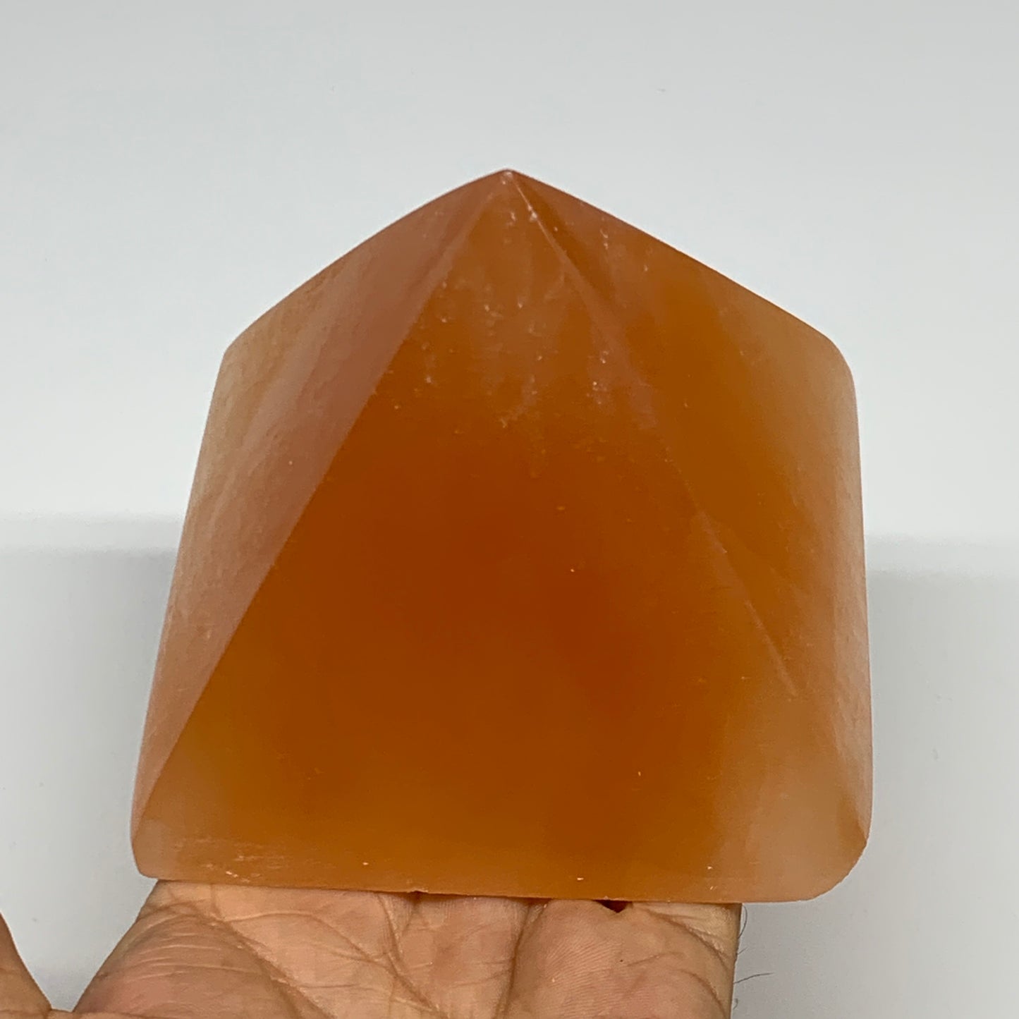 678g, 3.1"x3.8" Orange Selenite/Satin Spar Pyramid Crystal @Morocco, B24194