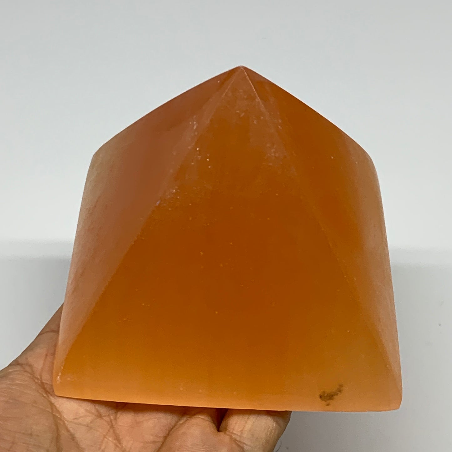 678g, 3.1"x3.8" Orange Selenite/Satin Spar Pyramid Crystal @Morocco, B24194