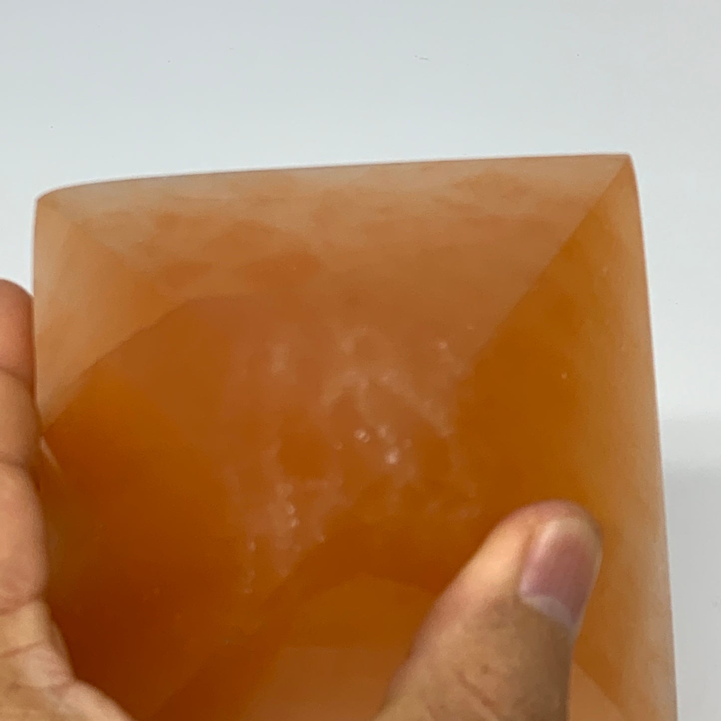 678g, 3.1"x3.8" Orange Selenite/Satin Spar Pyramid Crystal @Morocco, B24194