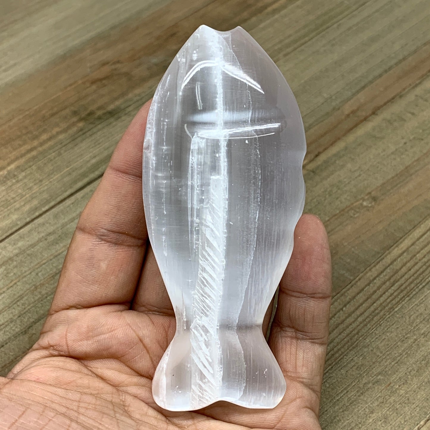 1pc, 90-110g, 4"x1.7"x0.9" White Selenite Fish, Handcrafted Crystal @Morocco