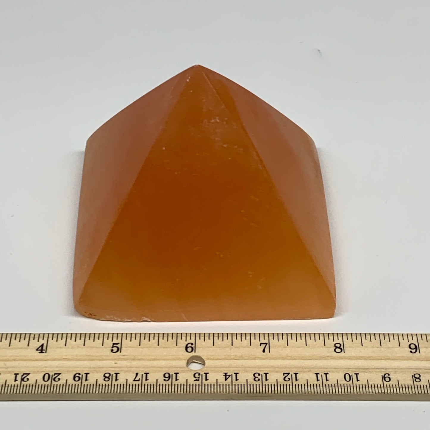 678g, 3.1"x3.8" Orange Selenite/Satin Spar Pyramid Crystal @Morocco, B24194