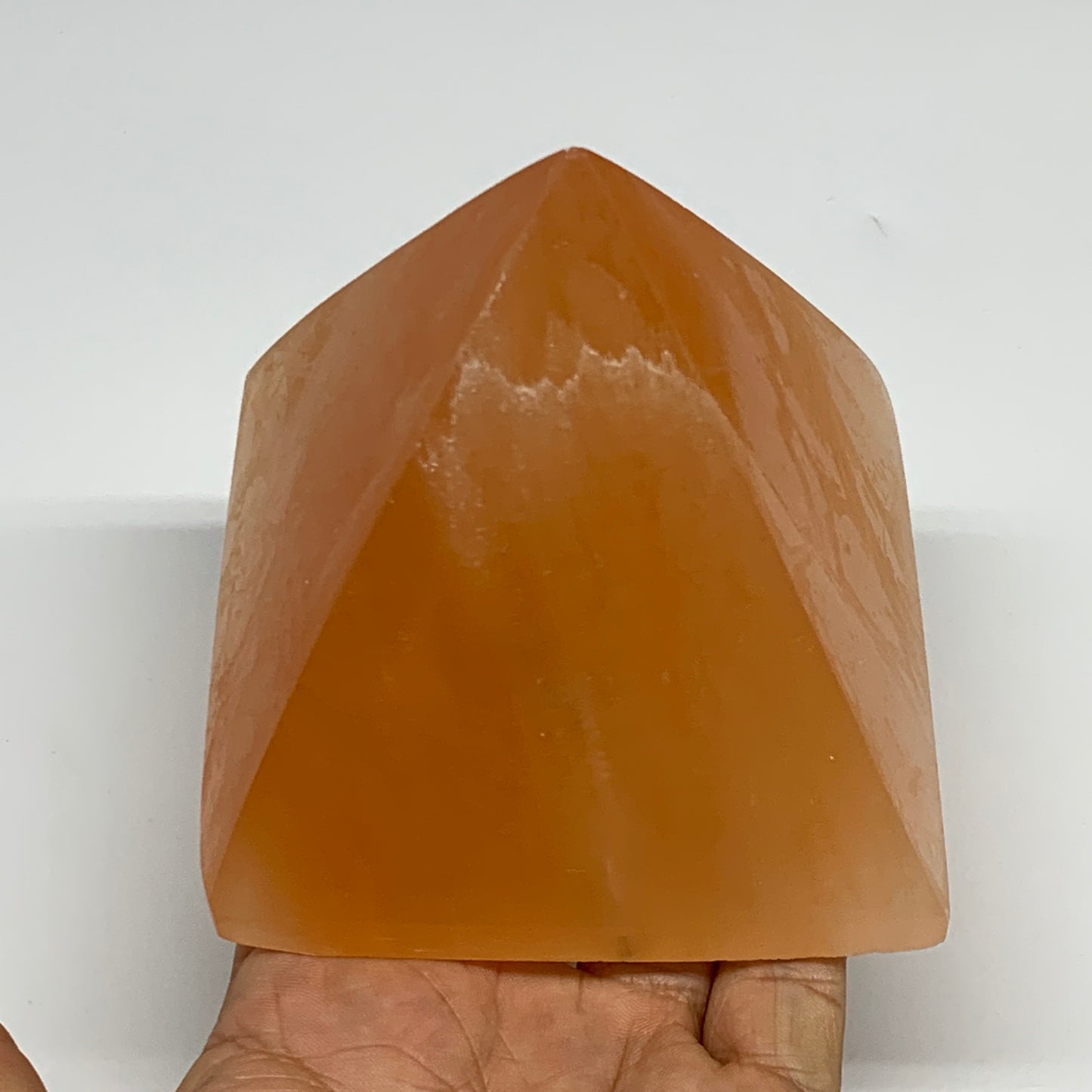 758g, 3.5"x3.8" Orange Selenite/Satin Spar Pyramid Crystal @Morocco, B24195