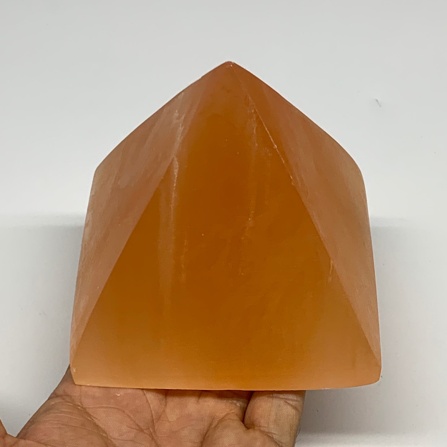 758g, 3.5"x3.8" Orange Selenite/Satin Spar Pyramid Crystal @Morocco, B24195