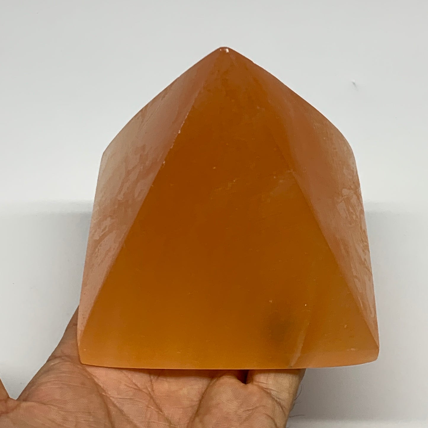 758g, 3.5"x3.8" Orange Selenite/Satin Spar Pyramid Crystal @Morocco, B24195