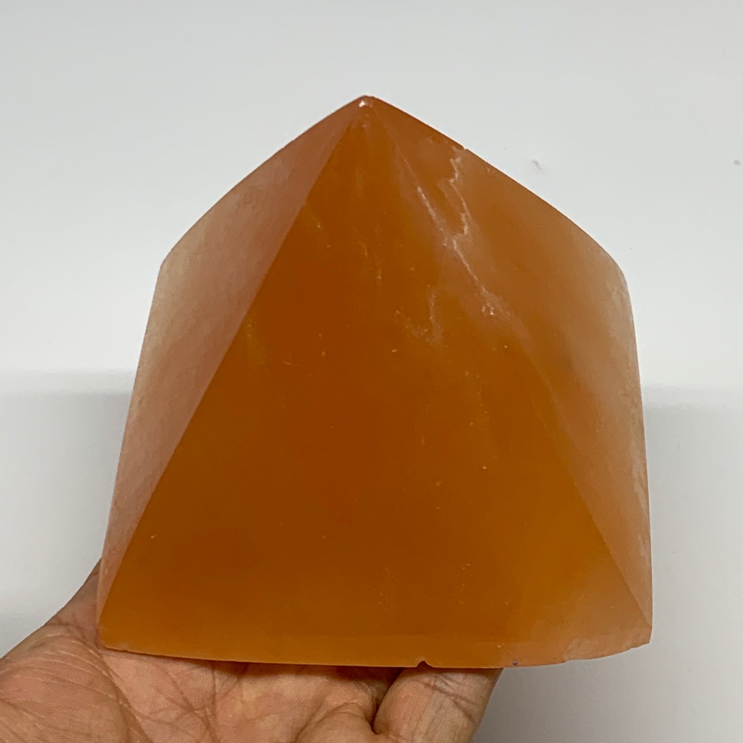 758g, 3.5"x3.8" Orange Selenite/Satin Spar Pyramid Crystal @Morocco, B24195