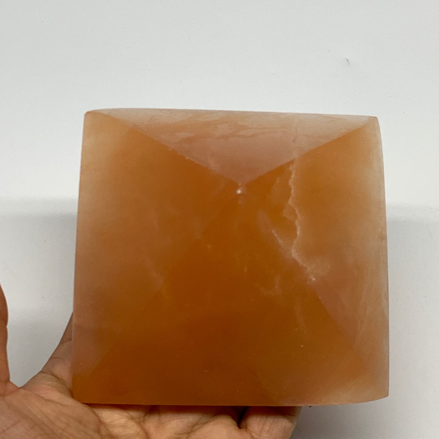 758g, 3.5"x3.8" Orange Selenite/Satin Spar Pyramid Crystal @Morocco, B24195