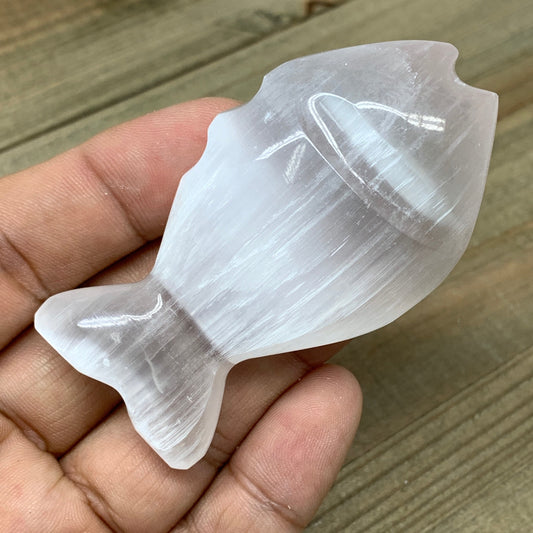 1pc, 45-60g, 2.7"x1.5"x0.9" White Selenite Fish, Handcrafted Crystal @Morocco