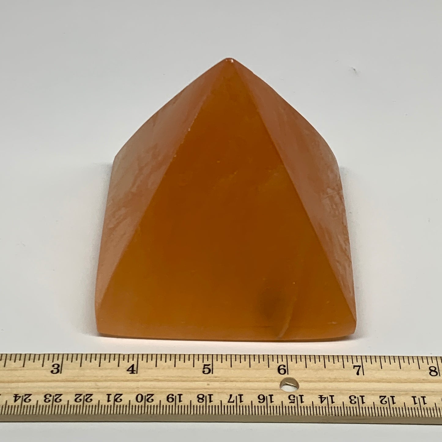 758g, 3.5"x3.8" Orange Selenite/Satin Spar Pyramid Crystal @Morocco, B24195