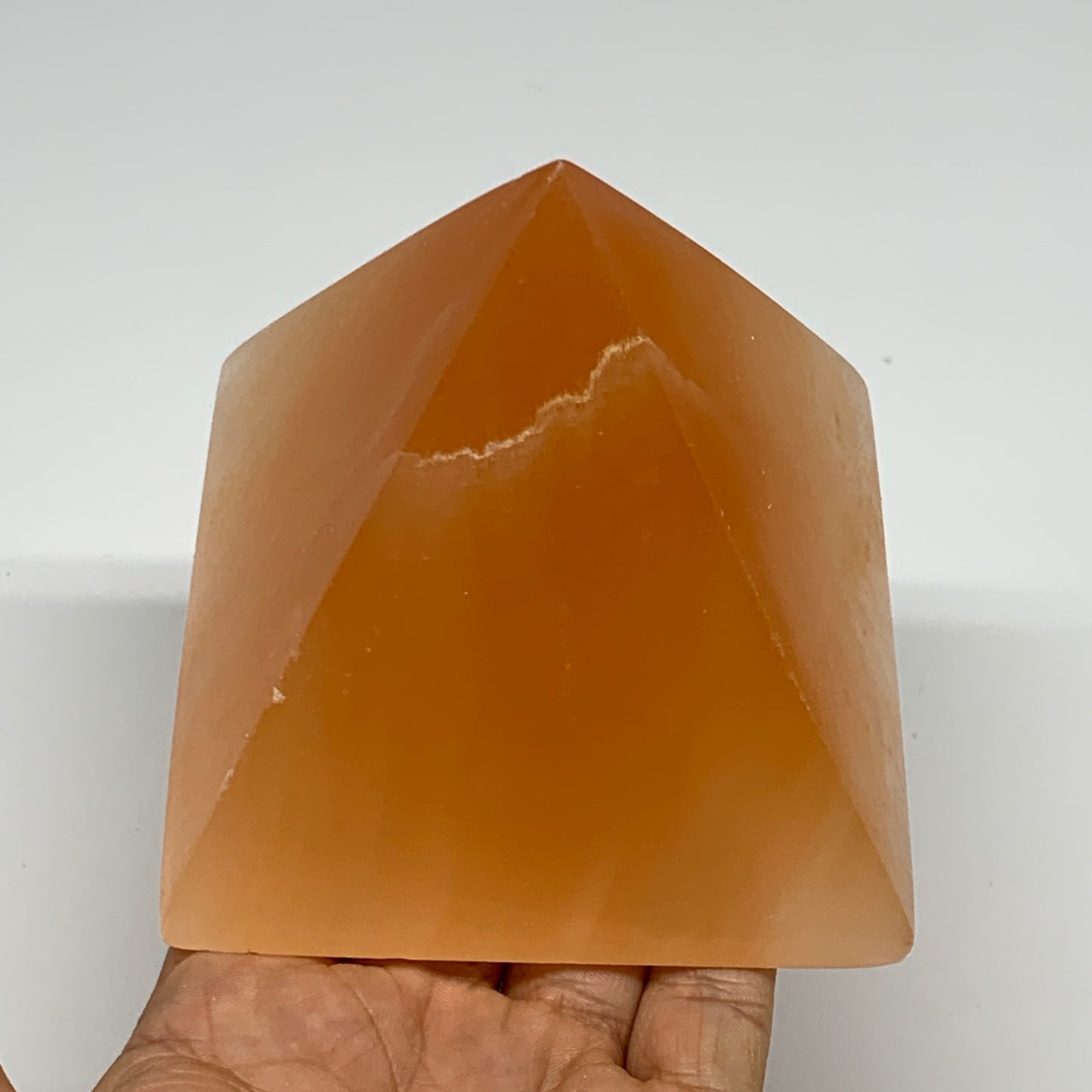 678g, 3.3"x3.8" Orange Selenite/Satin Spar Pyramid Crystal @Morocco, B24198