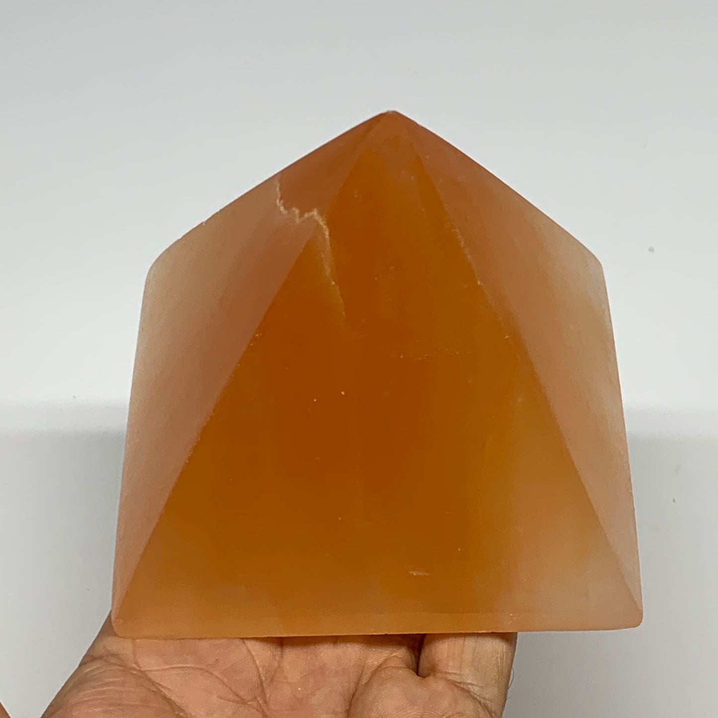 678g, 3.3"x3.8" Orange Selenite/Satin Spar Pyramid Crystal @Morocco, B24198