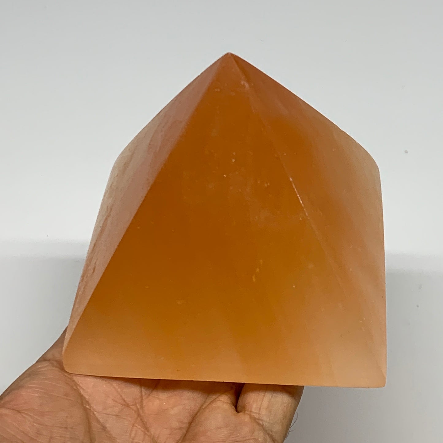 678g, 3.3"x3.8" Orange Selenite/Satin Spar Pyramid Crystal @Morocco, B24198