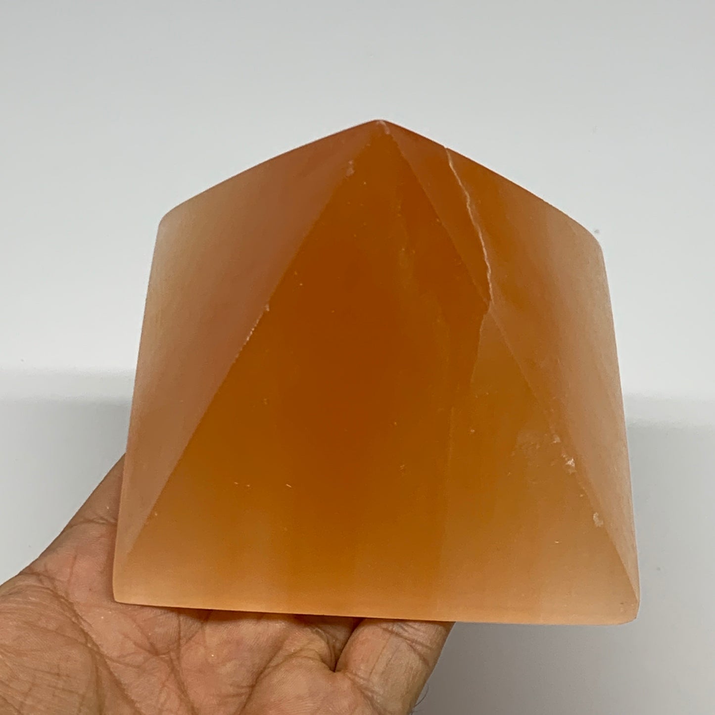 678g, 3.3"x3.8" Orange Selenite/Satin Spar Pyramid Crystal @Morocco, B24198