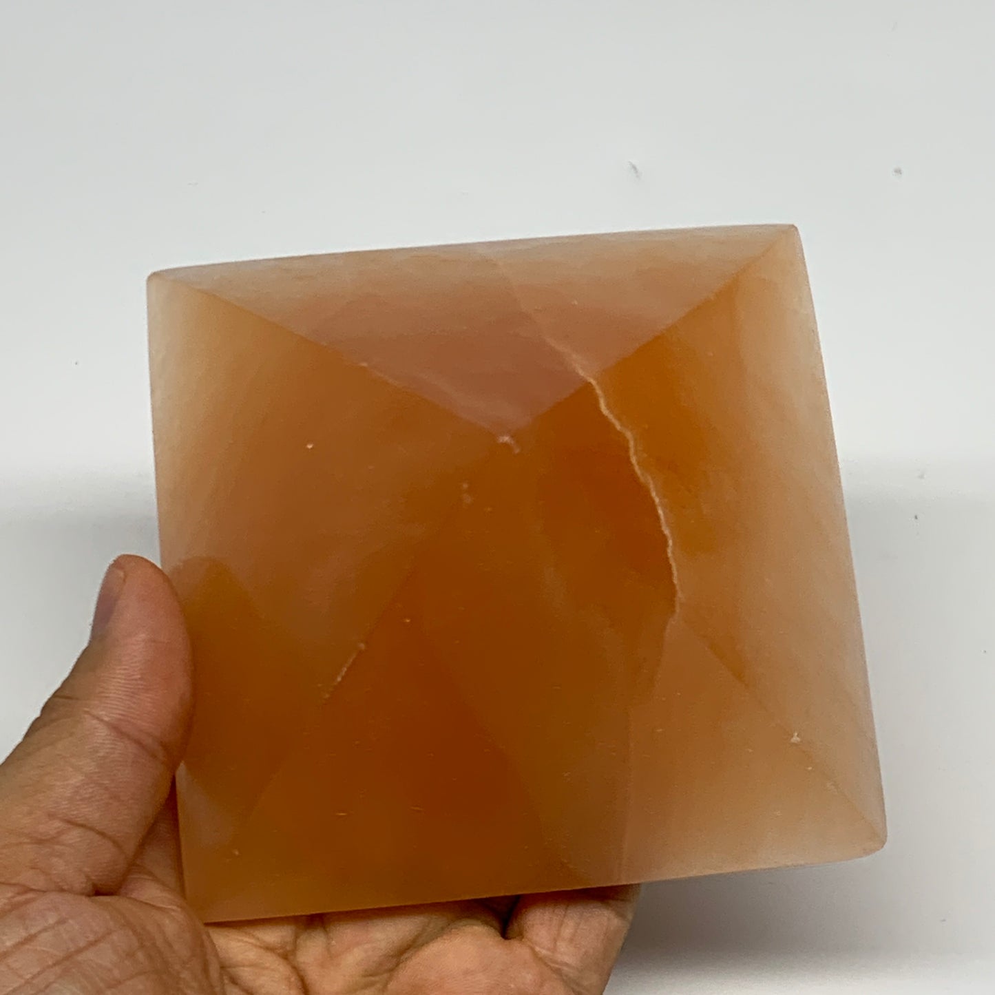 678g, 3.3"x3.8" Orange Selenite/Satin Spar Pyramid Crystal @Morocco, B24198