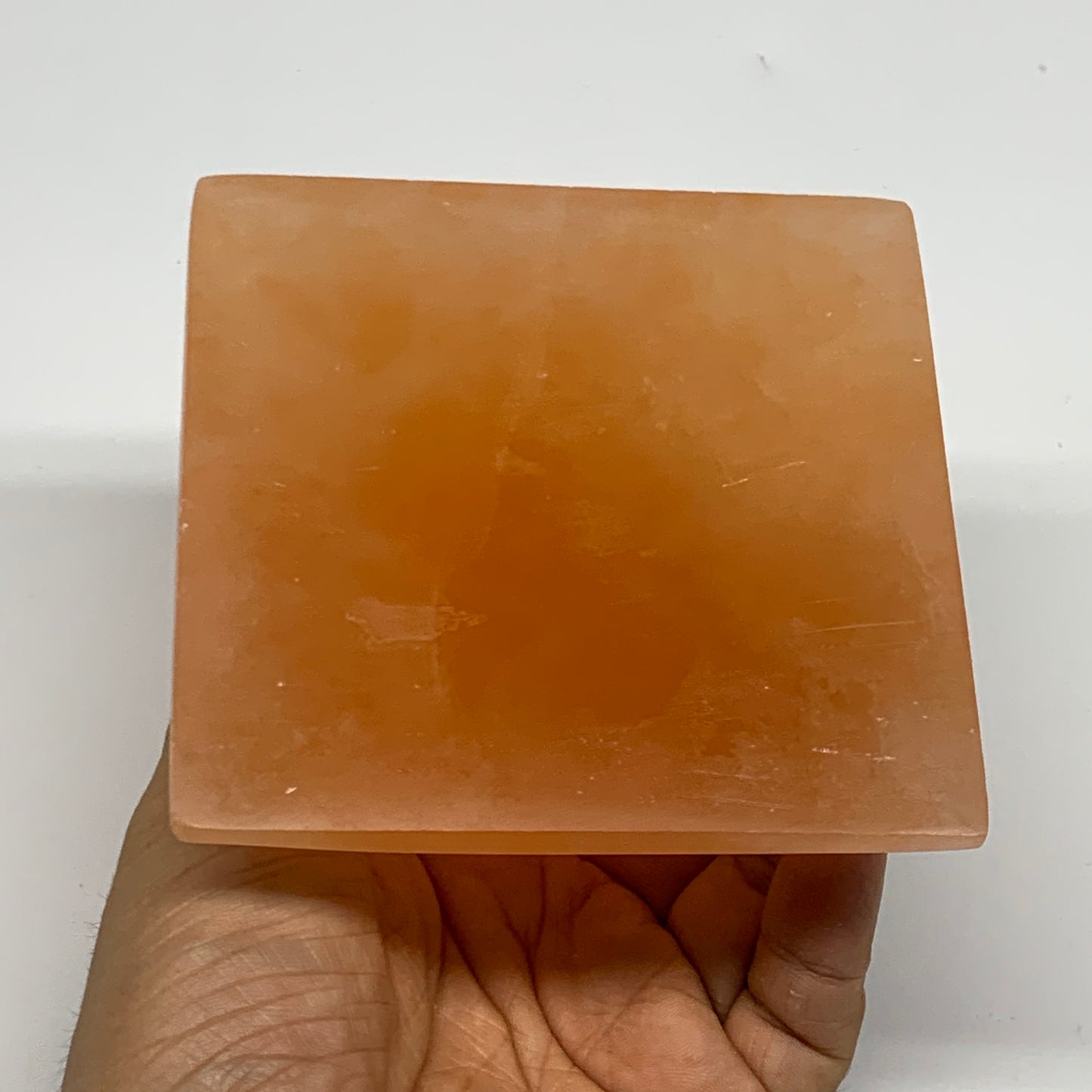 678g, 3.3"x3.8" Orange Selenite/Satin Spar Pyramid Crystal @Morocco, B24198