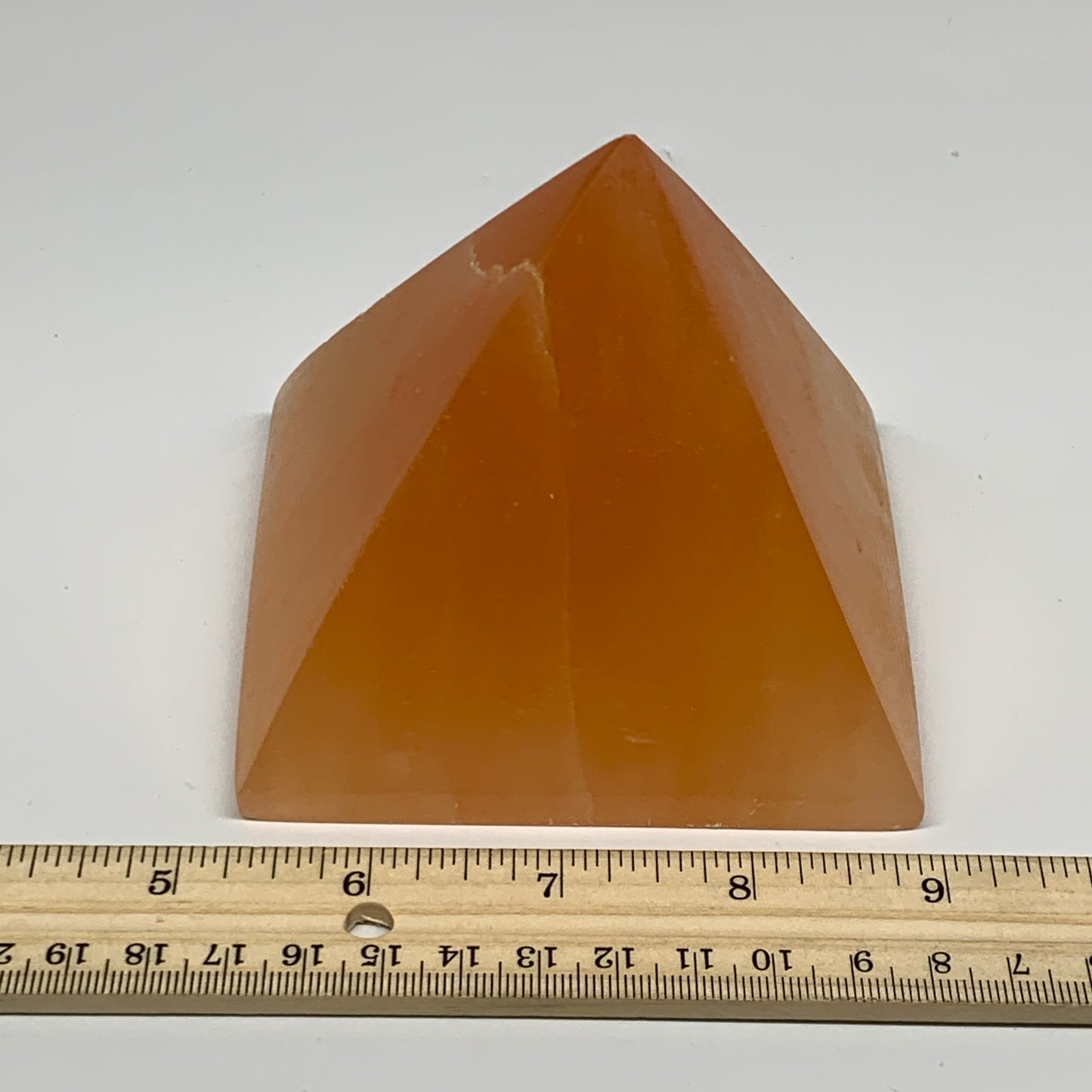 678g, 3.3"x3.8" Orange Selenite/Satin Spar Pyramid Crystal @Morocco, B24198