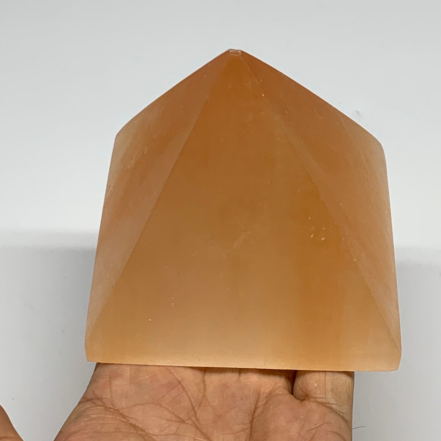 558g, 2.9"x3.5" Orange Selenite/Satin Spar Pyramid Crystal @Morocco, B24199