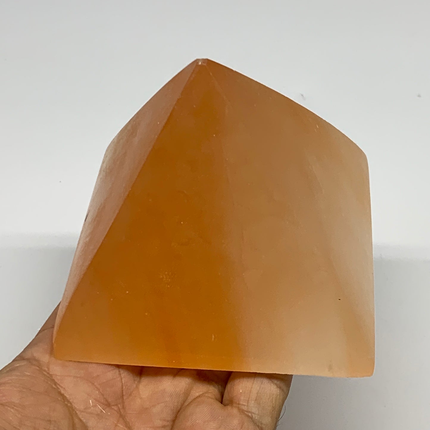 558g, 2.9"x3.5" Orange Selenite/Satin Spar Pyramid Crystal @Morocco, B24199